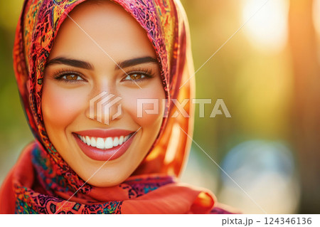 A close-up portrait of a smiling woman wearing a vibrant patterned hijab, with soft natural lighting and a blurred background highlighting her radiant features. A close-up portrait of a smiling woman wearing a vibrant patterned hijab, with soft natural lighting and a blurred background highlighting her radiant features. 124346136