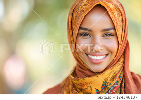 A close-up portrait of a smiling woman wearing a vibrant patterned hijab, with soft natural lighting and a blurred background highlighting her radiant features. 124346137