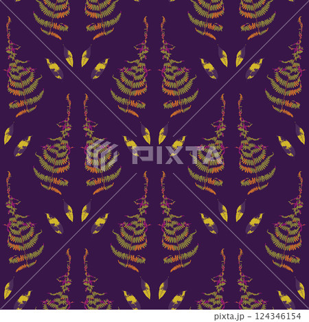 Seamless pattern with dried yellow fern leaves on deep purple background. Wild forest plant wallpaper. Boho botanical texture 124346154