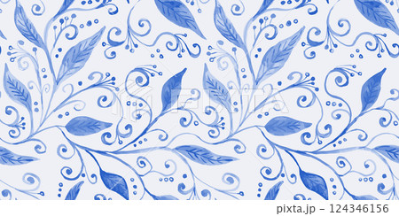 Watercolor style abstract monochrome blue botanical seamless pattern 124346156