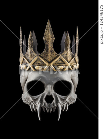 Vampire skull with long sharp fangs and ancient golden crown on black background 124346175