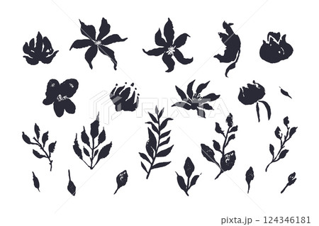 Set of black abstract inky flowers and leaves isolated on white 124346181