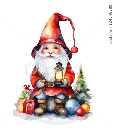 Cute Christmas gnome with lantern, pole, tree. Watercolor vector 124346289