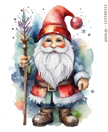 Cute Christmas gnome with lantern, pole, tree. Watercolor vector Cute Christmas gnome with lantern, pole, tree. Watercolor vector 124346313