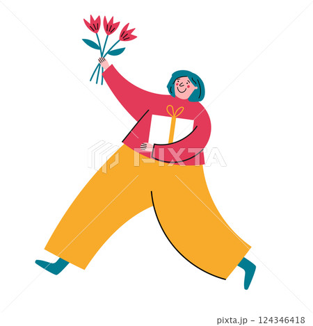 Joyful Woman with Flowers and Gift 124346418