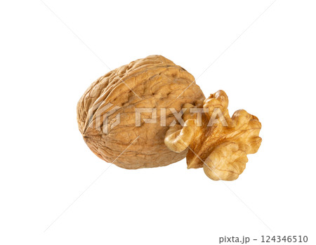 Walnut and  walnuts kernel on white,  with clipping path. 124346510