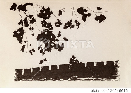 Ink illustration of couple sitting on stone wall beneath overhanging leaves in romantic embrace. Concept of affection, city nature and peaceful love moment 124346613