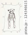 Hand drawn teddy bear sitting inside playful frame in monochrome sketch style. Concept of childhood nostalgia, softness and vintage toy design 124346615