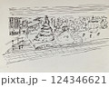 Hand-drawn ink sketch of city park with path, pine tree, stairs and gazebo in line art style. Concept of landscape planning, outdoor space and urban nature 124346621