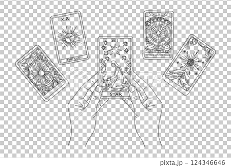 Simple line drawing illustration of tarot cards, fortune telling with star card in hand Simple line drawing illustration of tarot cards, fortune telling with star card in hand 124346646
