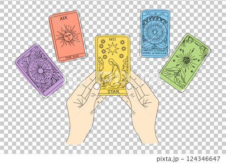 塔羅牌算命的簡單彩色插圖，手拿星牌 124346647
