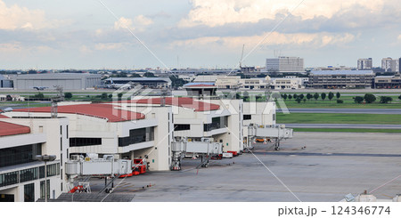 Jet bridge or jetway bridge on prepare by ground Service crew for passenger depart or arrived. 124346774