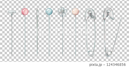 Sewing pins and needles collection. Hand drawn tailor accessories set in watercolor style. Needlework graphic elements. 124346856