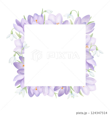 Snowdrops and crocuses square frame. Watercolor floral composition with space for text. Hand drawn springtime background for wedding invitations and greeting card design. Snowdrops and crocuses square frame. Watercolor floral composition with space for text. Hand drawn springtime background for wedding invitations and greeting card design. 124347314