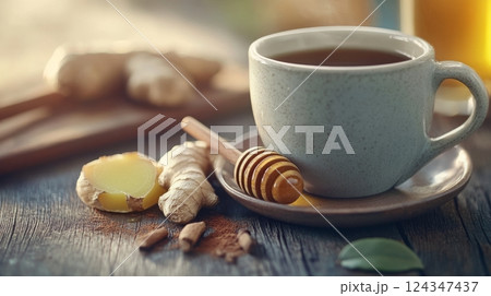 A detailed composition showcasing herbal coffee, fresh ginger, honey, and cinnamon on dark wood 124347437