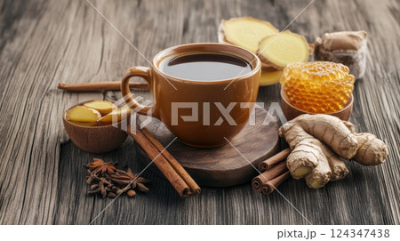 Herbal coffee with honey, ginger, and cinnamon arranged elegantly on dark wood in dramatic light 124347438