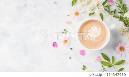 Herbal coffee topped with flower petals and herbs showcases a calming spa-inspired atmosphere 124347439