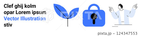 Blue leaf, padlock, and person in casual wear suggest digital security, growth, technology, innovation, and environmental consciousness. Ideal for tech companies. Banner for landing page Blue leaf, padlock, and person in casual wear suggest digital security, growth, technology, innovation, and environmental consciousness. Ideal for tech companies. Banner for landing page 124347553
