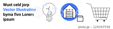 Light bulb with solar panel, storage house, and shopping cart highlight energy efficiency and online shopping. Ideal for renewable energy, logistics, e-commerce, sustainability, innovation. Banner 124347556