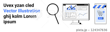 Magnifying glass beside a computer screen displaying graphs next to a smartphone shopping cart icon. Ideal for ecommerce analytics, marketing strategies, data tracking, digital shopping, market Magnifying glass beside a computer screen displaying graphs next to a smartphone shopping cart icon. Ideal for ecommerce analytics, marketing strategies, data tracking, digital shopping, market 124347636
