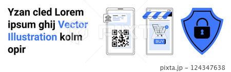 Smartphone displaying QR code a mobile shopping cart and a lock symbol on shield. Ideal for e-commerce data protection online shopping QR payment methods and cybersecurity. Banner for landing page 124347638