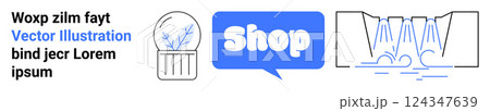 A plant in a pot, shop text in a speech bubble and waterfall represent online shopping, sustainability, and efficient water usage. Ideal for e-commerce, eco-friendly practices, nature, hydration A plant in a pot, shop text in a speech bubble and waterfall represent online shopping, sustainability, and efficient water usage. Ideal for e-commerce, eco-friendly practices, nature, hydration 124347639
