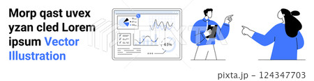 Two professionals discuss data analytics in front of a digital chart. Ideal for teamwork projects, data analysis, business growth, presentations, and educational content. Banner for landing page 124347703