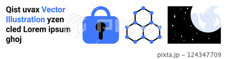 Blue lock, connected hexagons, and moon with...のイラスト素材 [124347709] - PIXTA