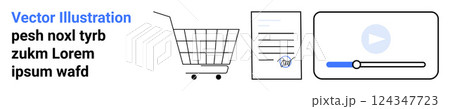 Shopping cart, document and video elements symbolize online shopping, digital contracts, and e-learning. Ideal for e-commerce, education, digital marketing, multimedia, technology. Banner for landing Shopping cart, document and video elements symbolize online shopping, digital contracts, and e-learning. Ideal for e-commerce, education, digital marketing, multimedia, technology. Banner for landing 124347723
