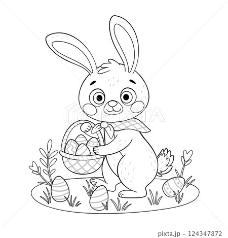 Cute Easter Bunny with a basket coloring page. Hand drawn line art style. 124347872