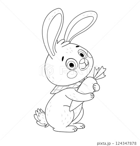Cute Easter Bunny hugs big carrot coloring page. Hand drawn line art style. 124347878