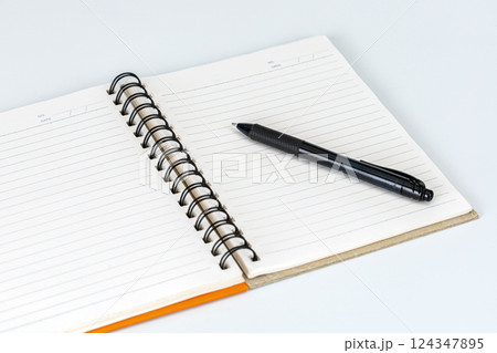 A sleek black pen lies on a fresh, open notebook. A sleek black pen lies on a fresh, open notebook. 124347895