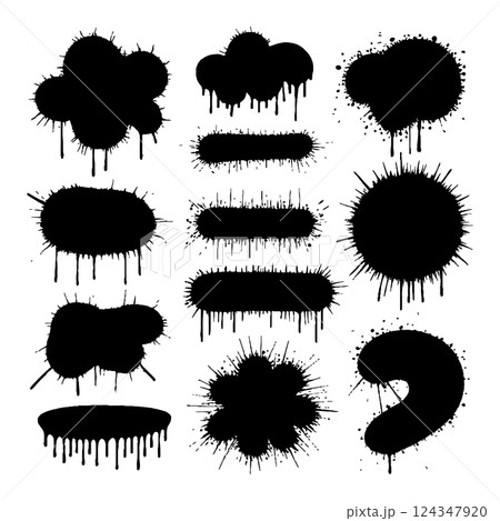 Ink Splatter Shapes Collection. A set of abstract ink splatter shapes with drips and rough edges, perfect for grunge-style designs. 124347920