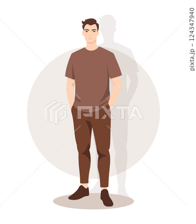 Young Man in a Light T-Shirt and Brown Pants with a Relaxed and Casual Look 124347940