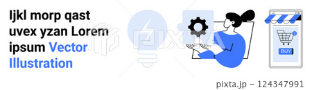 A person examines a gear icon beside a light bulb and an online shopping cart. Ideal for technology, innovation, e-commerce, business, and digital solutions. Banner for landing page A person examines a gear icon beside a light bulb and an online shopping cart. Ideal for technology, innovation, e-commerce, business, and digital solutions. Banner for landing page 124347991