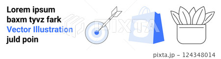 Three elements include a bullseye target, shopping bag, and potted plant accented in blue. Ideal for themes of business, success, productivity, growth, and shopping. Landing page Three elements include a bullseye target, shopping bag, and potted plant accented in blue. Ideal for themes of business, success, productivity, growth, and shopping. Landing page 124348014
