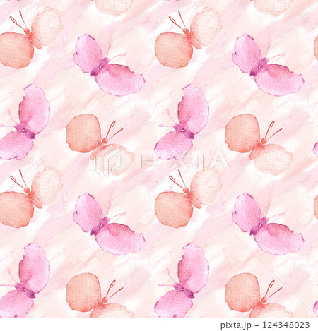 Gentle butterflies seamless pattern on soft watercolor background isolated. Simple watercolor pink butterfly hand drawn on repeated texture for textile, spring designs, nursery decor, wallpaper. 124348023