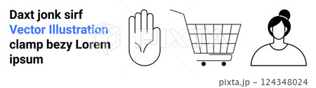 Three minimal black and white icons show a hand, a shopping cart, and a woman. Ideal for web design, e-commerce, fashion, digital interfaces, and modern aesthetics. Banner for landing page Three minimal black and white icons show a hand, a shopping cart, and a woman. Ideal for web design, e-commerce, fashion, digital interfaces, and modern aesthetics. Banner for landing page 124348024