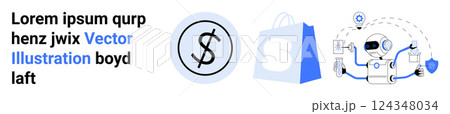 Shopping bag icon, robot holding shield with dollar sign, circles and lines for security and digital integration Ideal for e-commerce, technology, financial security, automation, business. Landing 124348034