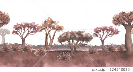 African landscape seamless background hand drawn in watercolor. Baobab and acacia trees in soft brown tones isolated. Safari nature repeated border for travel banners, and adventure posters. 124348039