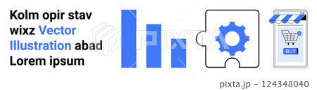 Bar charts, gear puzzle, and phone with shopping cart, ideal for business strategy, data analysis, technology development, e-commerce, and marketing. Banner for landing page 124348040