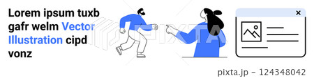 Two people engaged in active discussion with digital elements. Ideal for teamwork, collaboration, communication, technology, and digital marketing. Banner for landing page 124348042