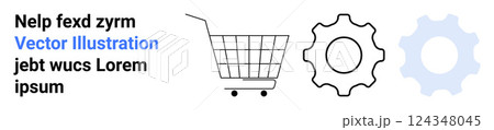 Shopping cart and gear icons with text elements in black and blue hues. Ideal for e-commerce solutions, technology integration, digital marketing, website design, and innovation strategies. Banner 124348045