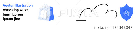 Shopping bag icon with letter S on the left, cloud icon in the center, blue shield with fingerprint icon on the right. Ideal for online shopping, cloud computing, data protection, e-commerce 124348047