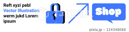 Simple lock icon with upward arrow pointing to blue shop button. Ideal for online security, e-commerce, digital transactions, website banners, marketing materials. Banner landing page 124348088