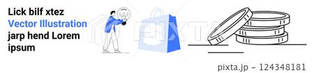 Person standing next to a large shopping bag and a stack of coins. Ideal for e-commerce, online shopping, digital payments, financial management, and marketing. Landing page Person standing next to a large shopping bag and a stack of coins. Ideal for e-commerce, online shopping, digital payments, financial management, and marketing. Landing page 124348181