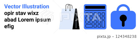 Shopping bag calculator and lock in blue and black Ideal for, e-commerce finance security shopping and technology Banner for landing page 124348238