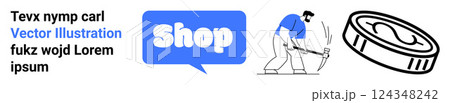 Blue shop button with text bubble, person mining cryptocurrency, and a coin. Ideal for e-commerce, cryptocurrency, online retail, digital economy, and virtual shopping. Banner landing page 124348242