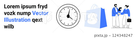 Clock icon, blue shopping bag with letter S, and two people collaborating. Ideal for business, teamwork, time management, online shopping, collaboration .Landing page 124348247