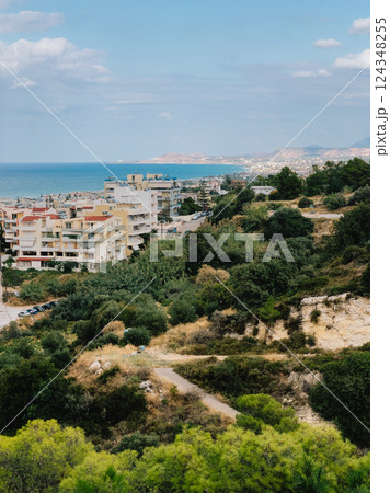Lush greenery and a winding path dominate the foreground, leading the eye towards a picturesque cityscape nestled along the Greek coastline under a serene blue sky. overlooking coastal cityscape 124348255